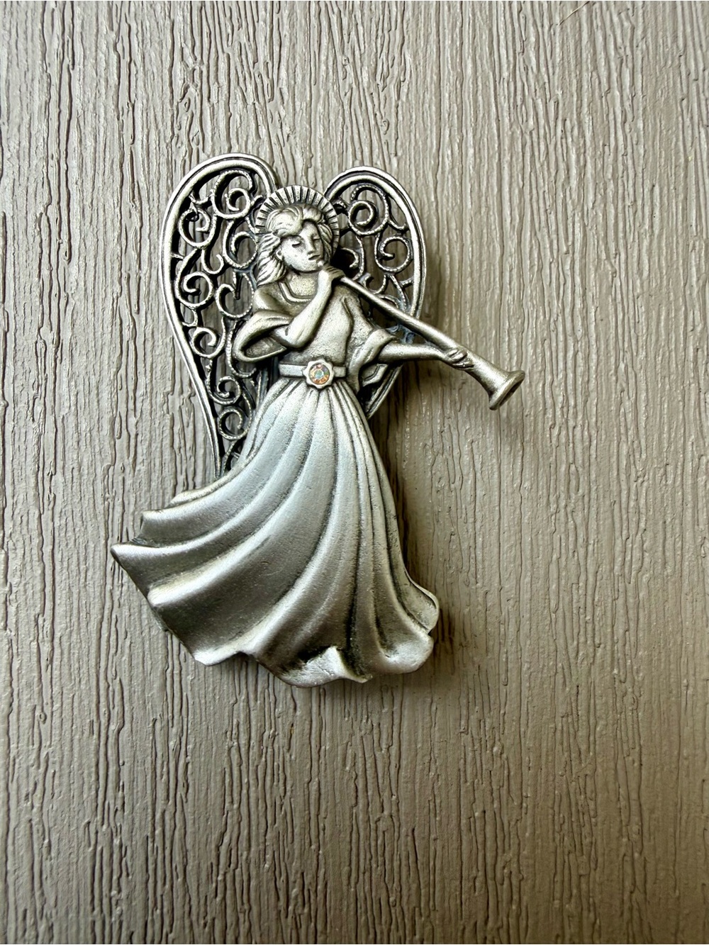 Vintage JJ Jonette Jewelry Angel Brooch Pewter Filigree Wings 2”